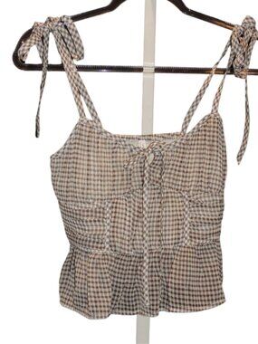 American Eagle Outfitters Brown & Cream Gingham Tie-Shoulder Peplum Cami